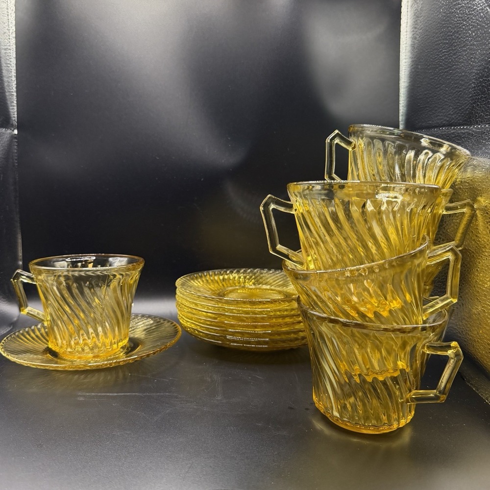 Vintage Amber Depression Federal Glass Company Diana Swirl cup & saucer sets /8